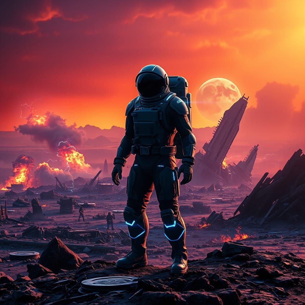 Cyberpunk Astronaut in Desolate Alien Landscape