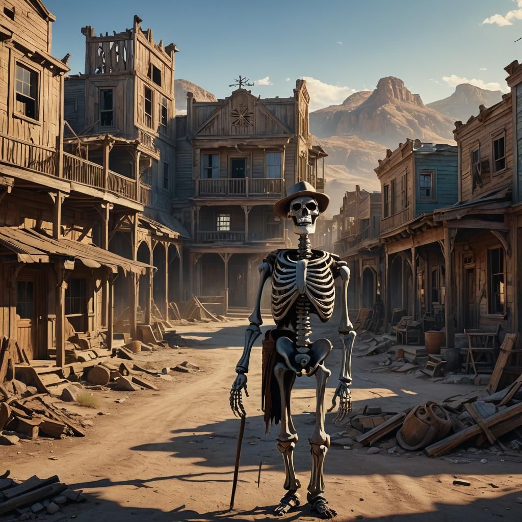 Skeleton John Wayne in Abandoned Western Town