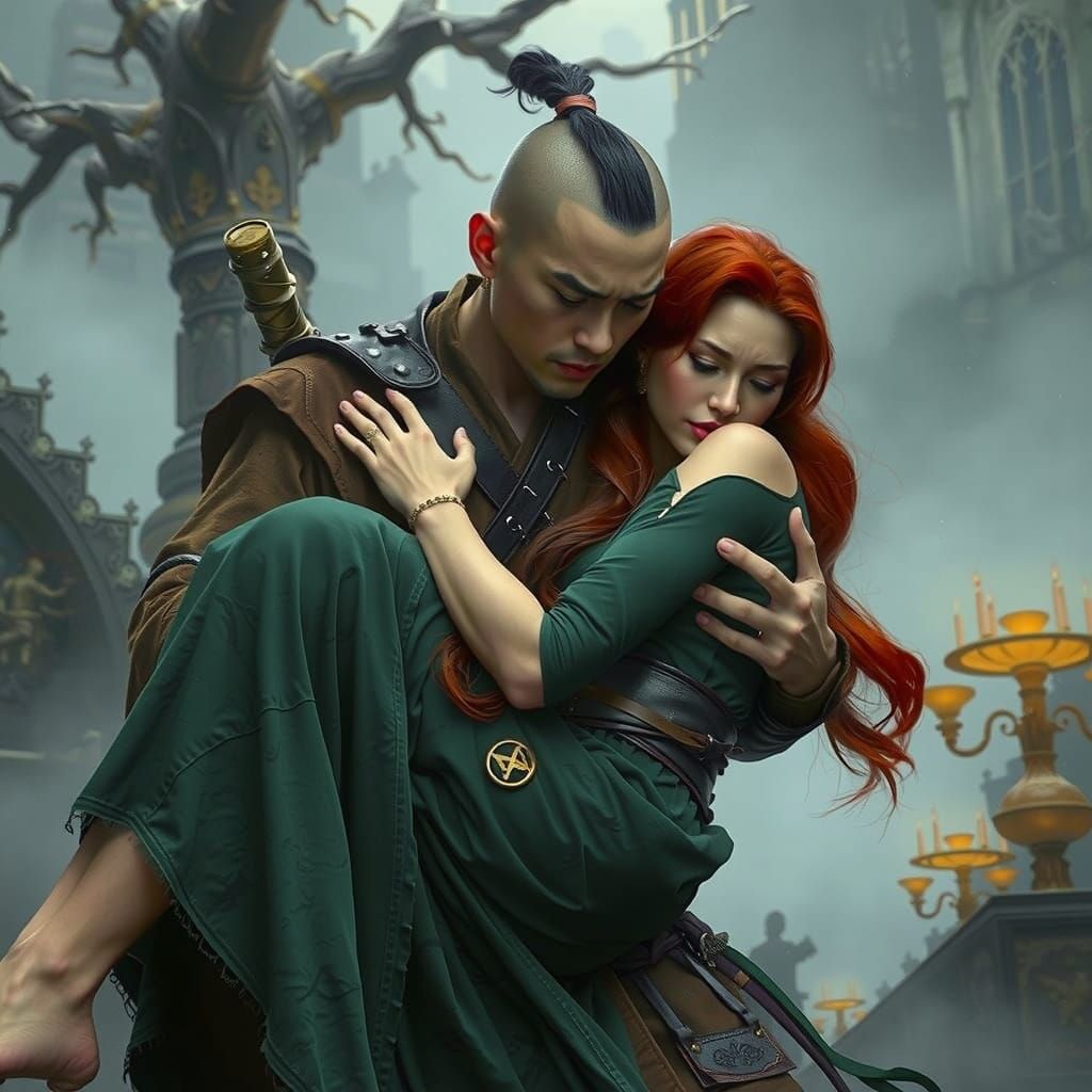 Gothic Shaolin Monk Carries Distressed Woman in Leather Armo...