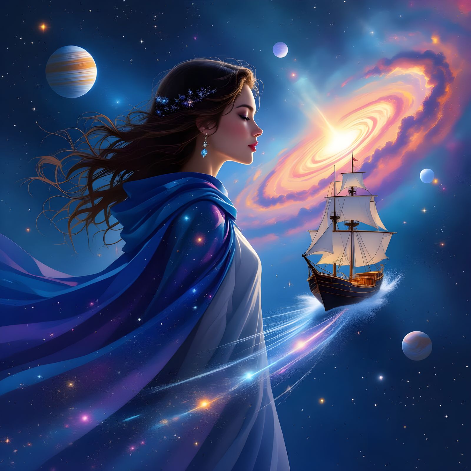 Galactic Woman Profile with Sailing Ship