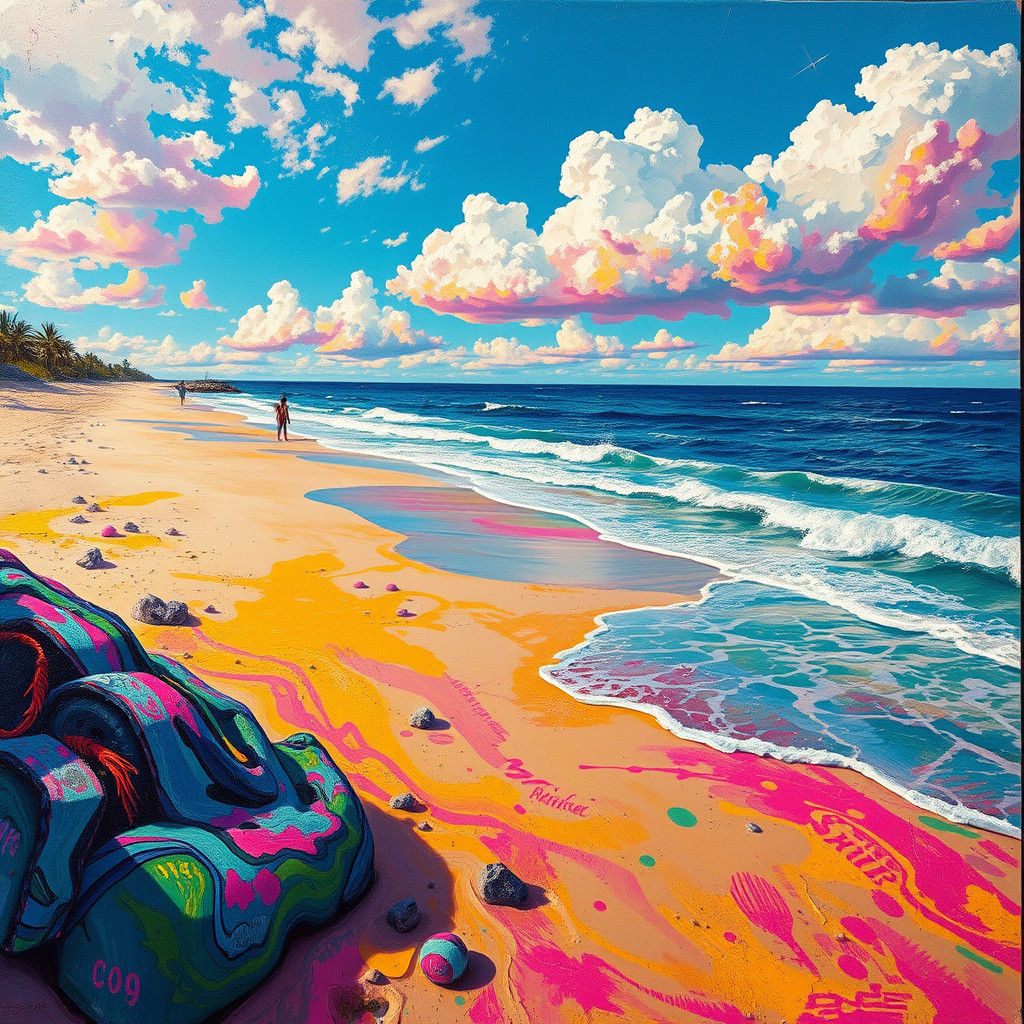 Vibrant Beach Scene in Graffiti Art Style