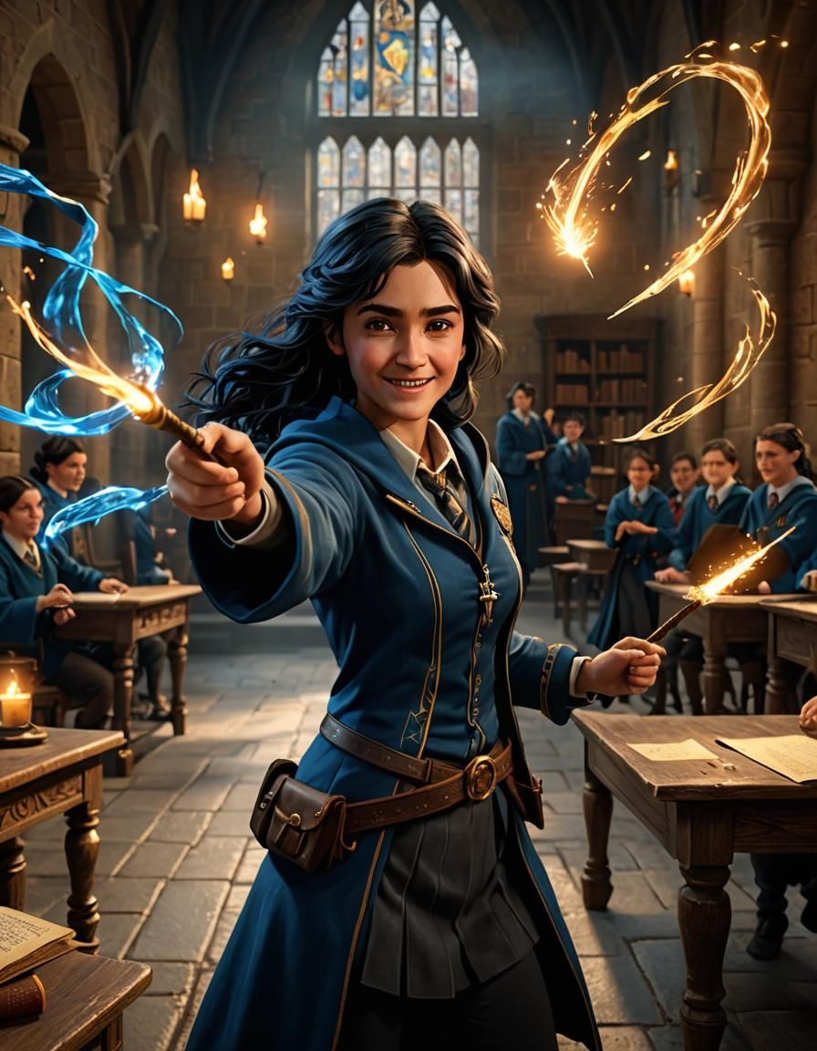 Enchanting Ravenclaw Student Practices Magic in 3D Game Art