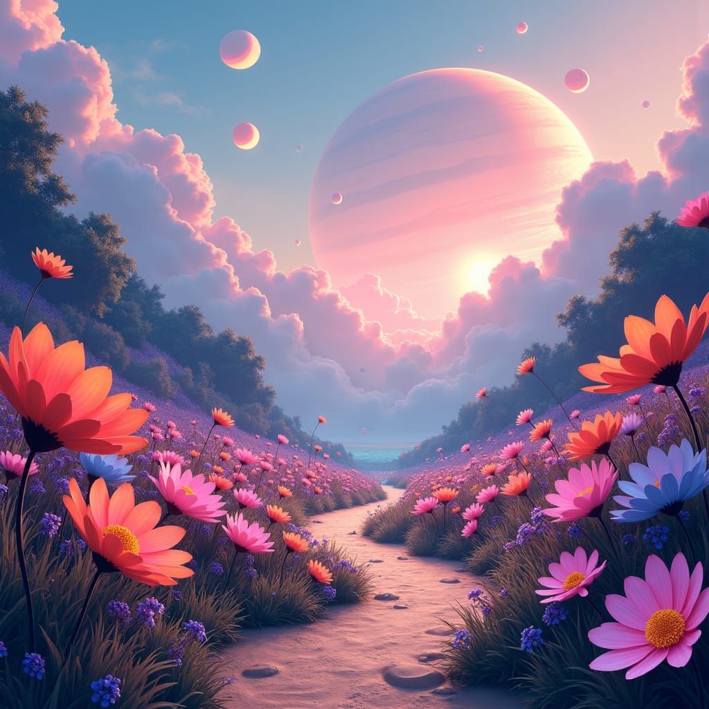 Twilight Garden with Giant Cosmos Flowers