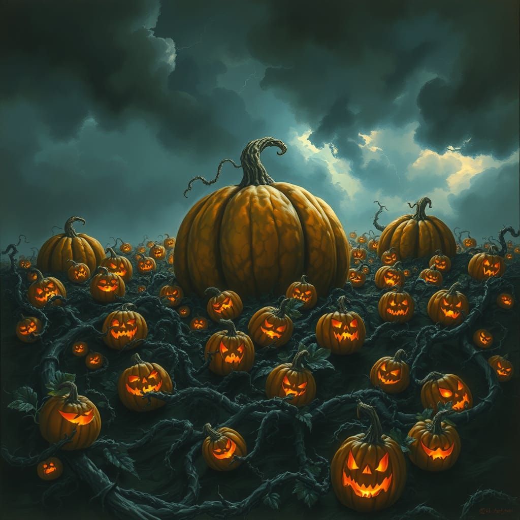 Sentient Pumpkin Patch Under Stormy Sky