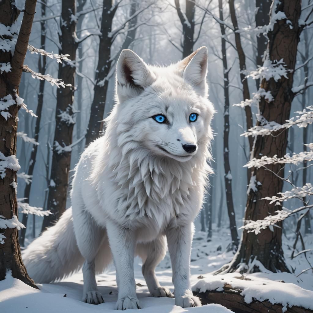 Blue-Eyed White Fox in Snowy Anime Forest
