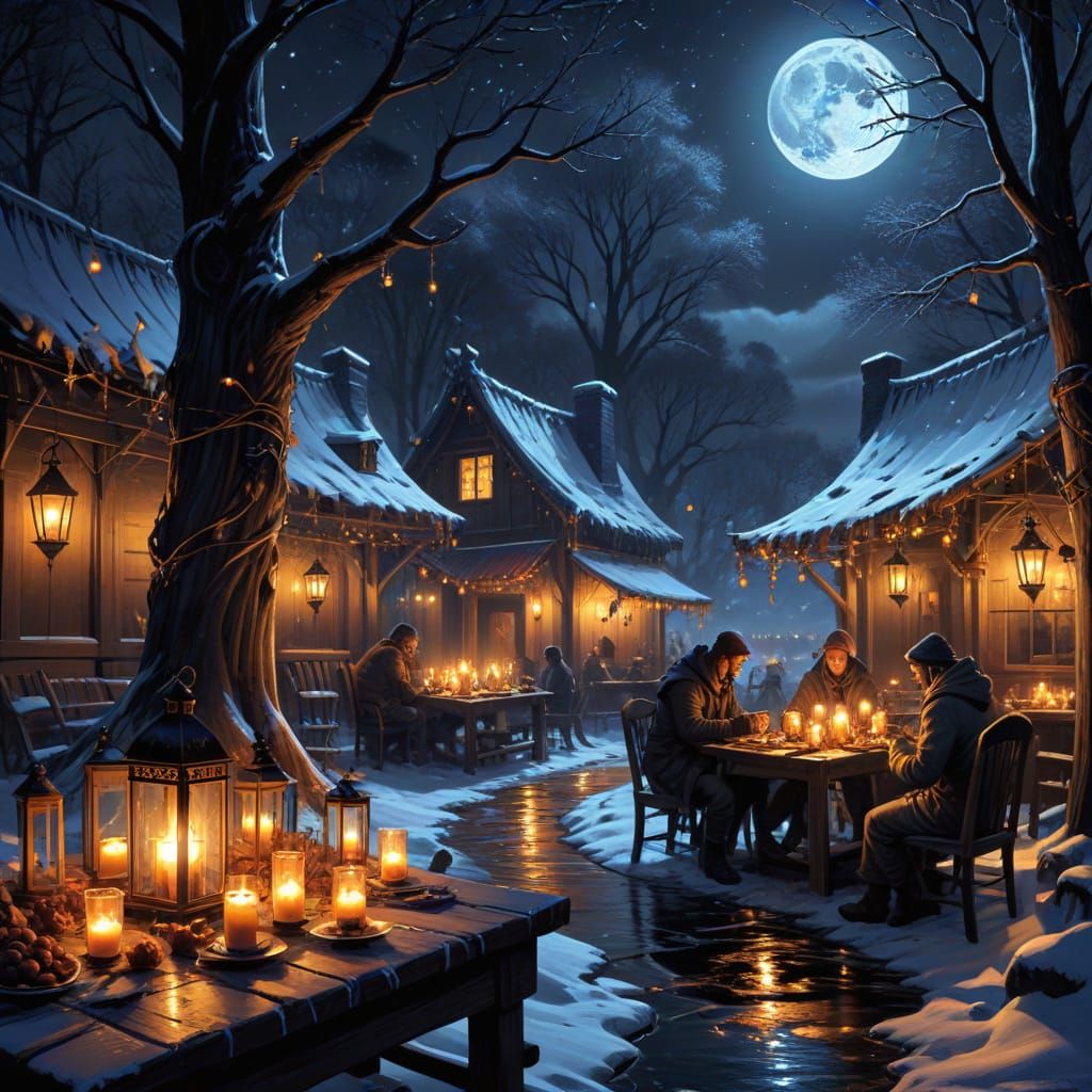Winter Feast with Glowing Lanterns in Comic Art Style