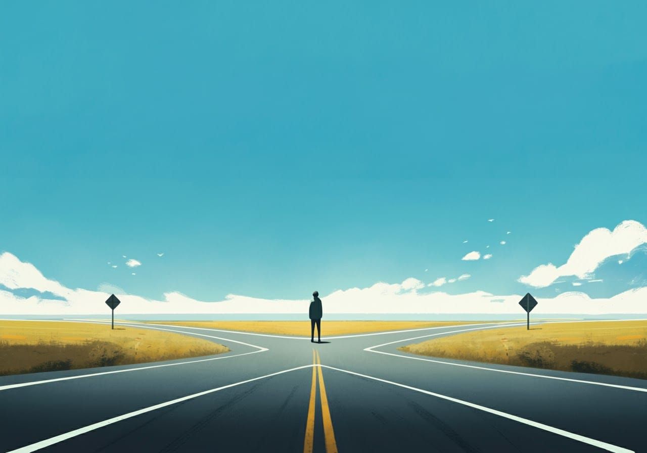 Crossroads of Endless Roads Under Blue Sky