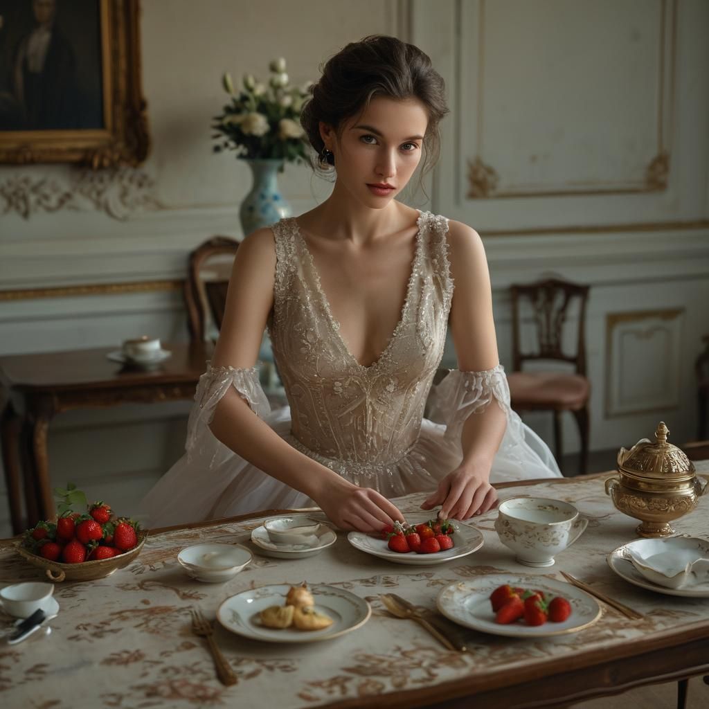 Elegant Woman with Strawberry, Renaissance Portrait
