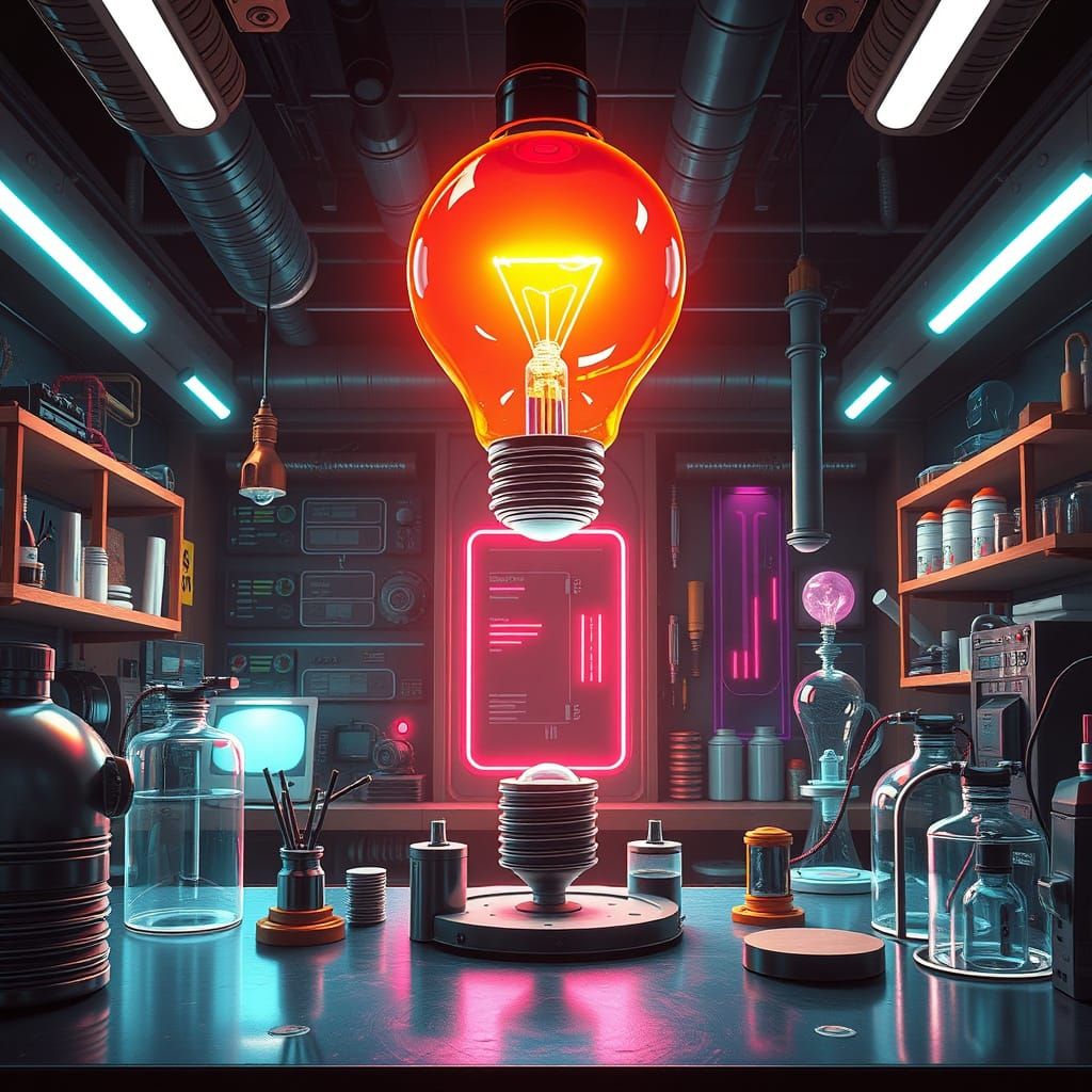 Futuristic Lightbulb Moment in Cyberpunk Lab