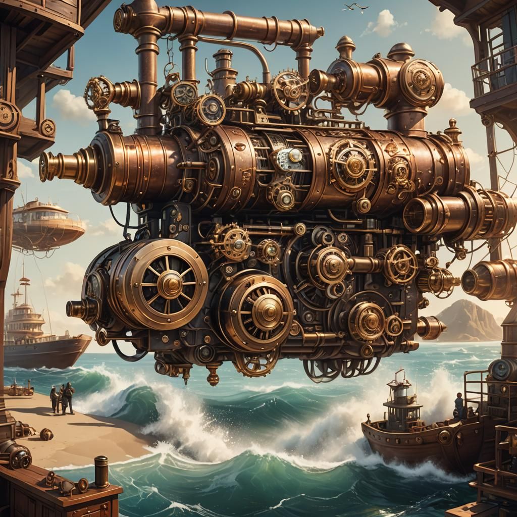 Steampunk Engine with Beach View in Golden Light