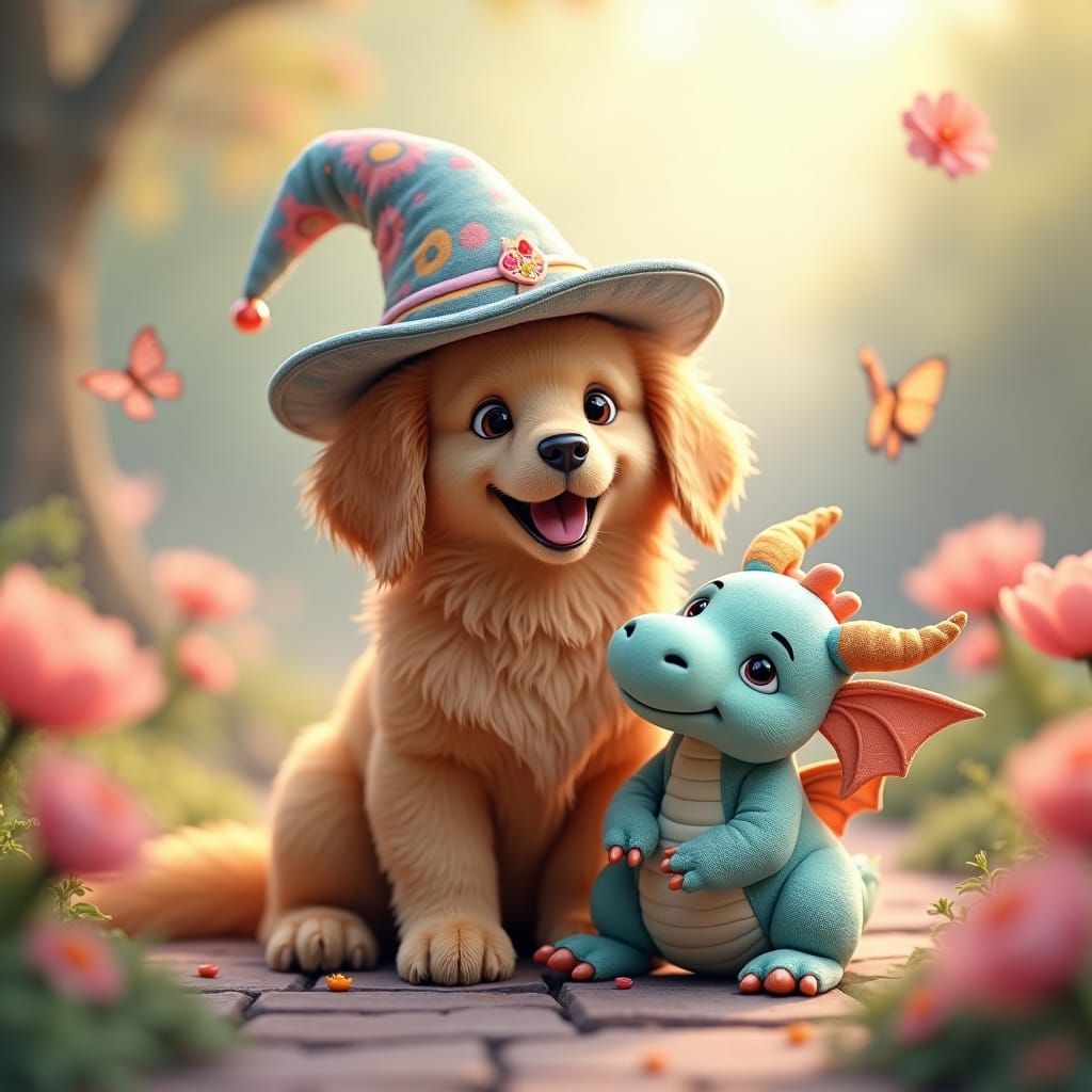 Golden Retriever Wizard with Dragon Toy