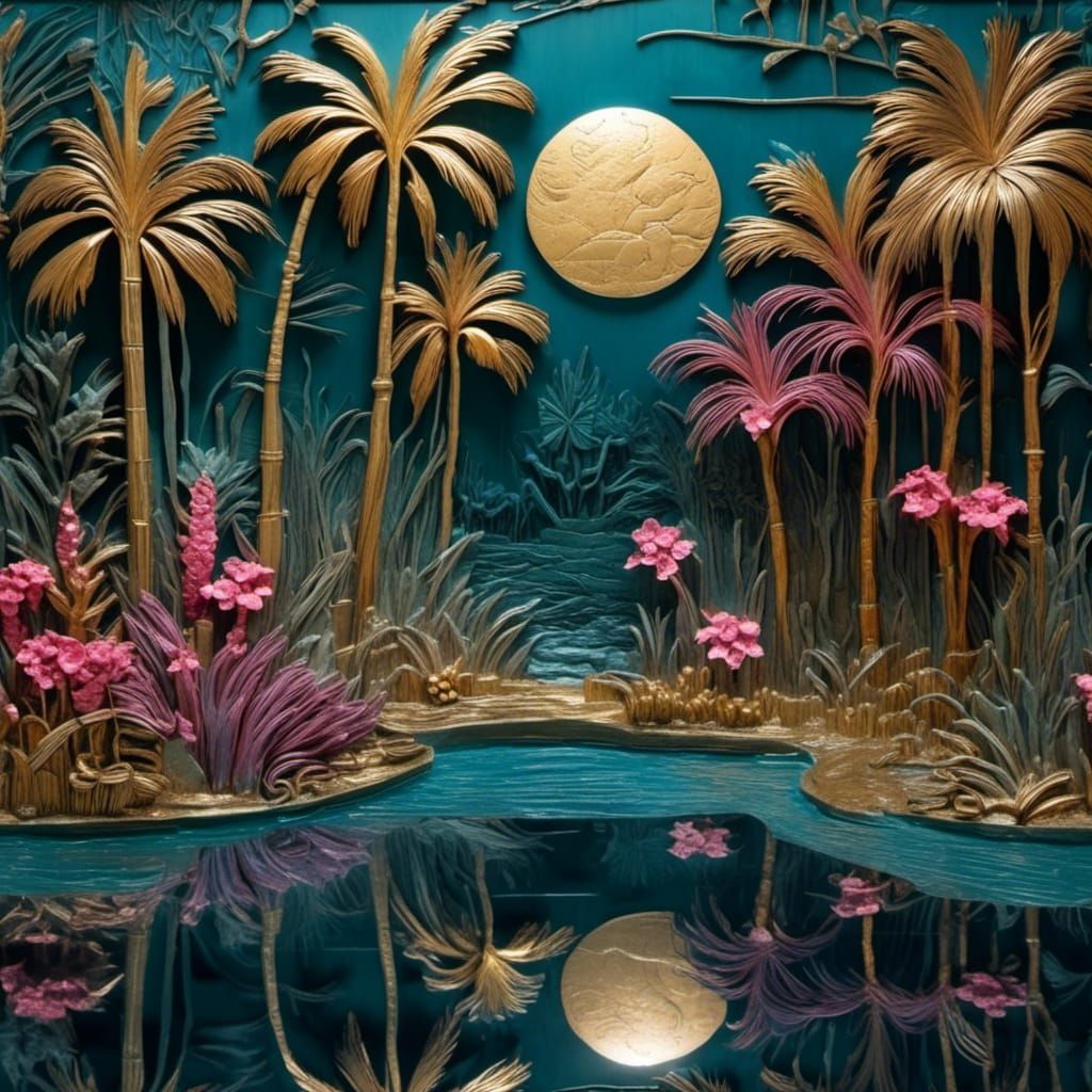 Surreal Bas Relief Garden at Night