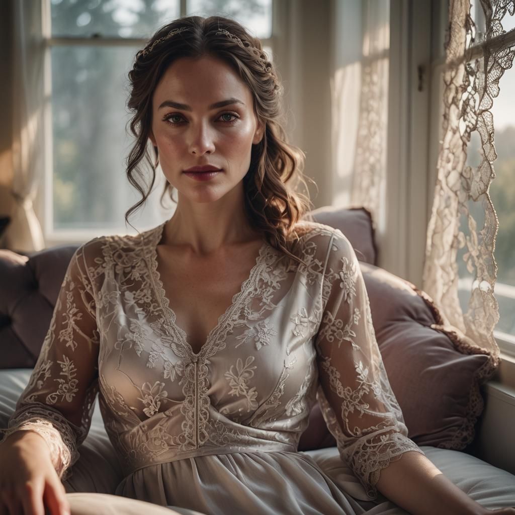 Ethereal Woman in Red Lace Nighty: Cinematic Portrait