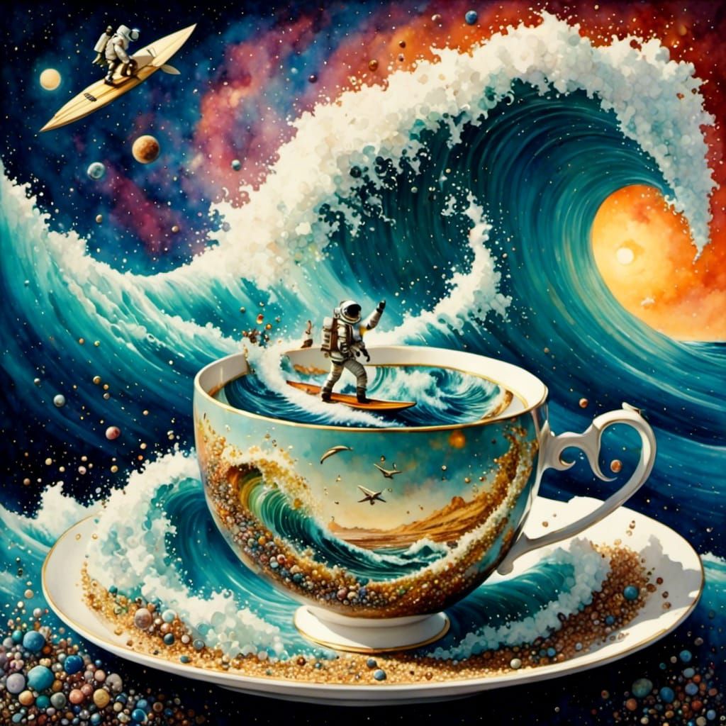 Astronaut Surfing Wave in Cup: Surreal Pointillism