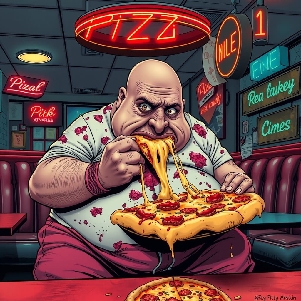 Hyper Realistic Comic Book Style Pizza Lover in 1970s Diner