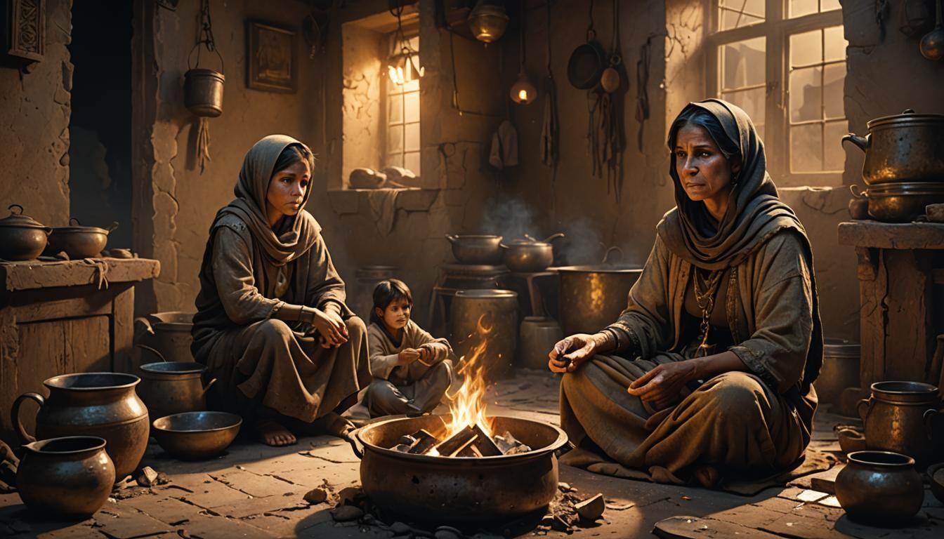 Destitute Mother and Children in Middle Eastern Interior