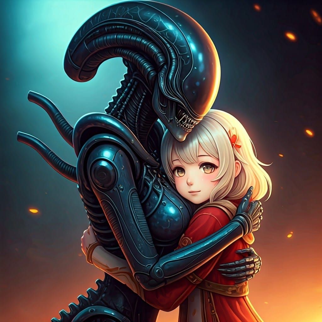 Surreal Sci-Fi Hug Between Alien and Human Girl
