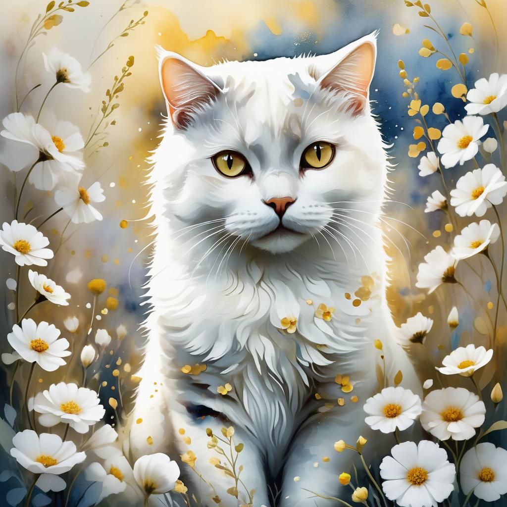 Whimsical White Cat in Watercolor Fantasy