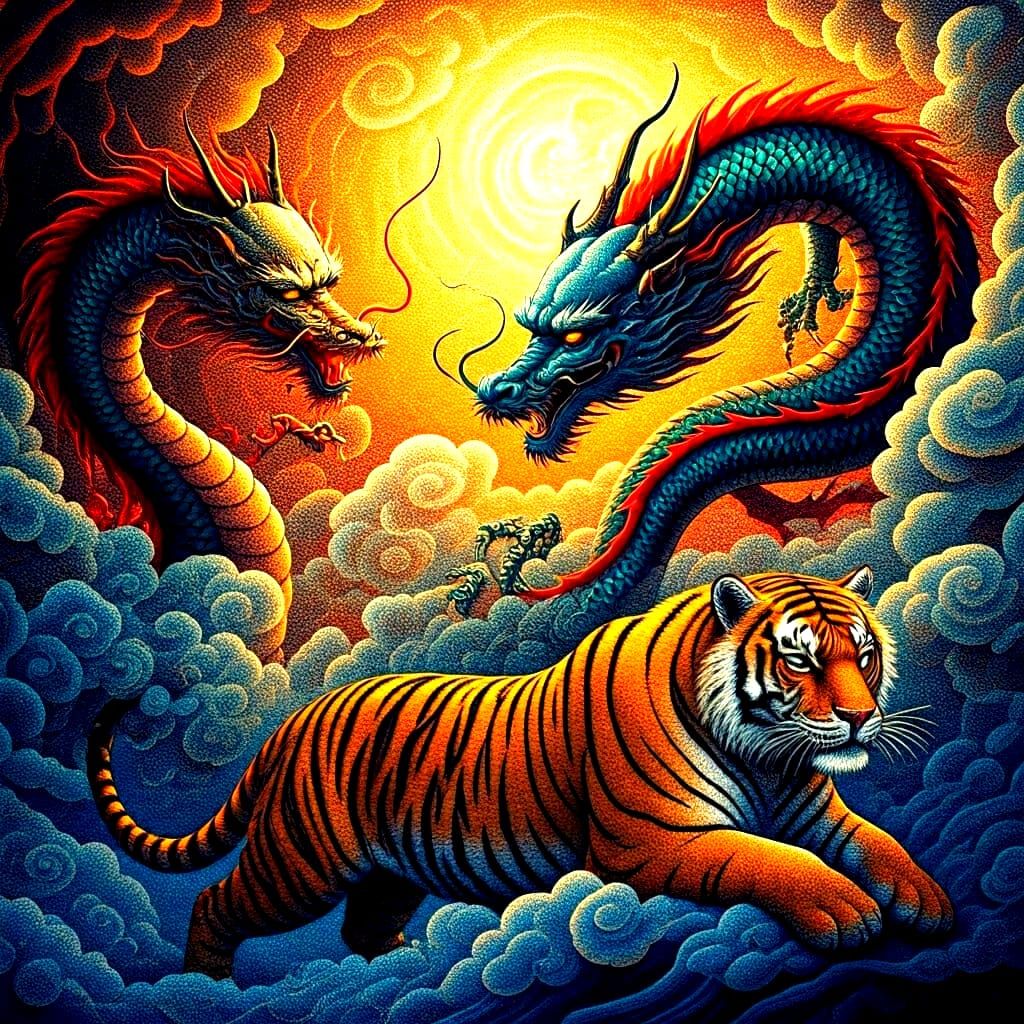 Pointillist Dragon and Tiger in Abstract Art