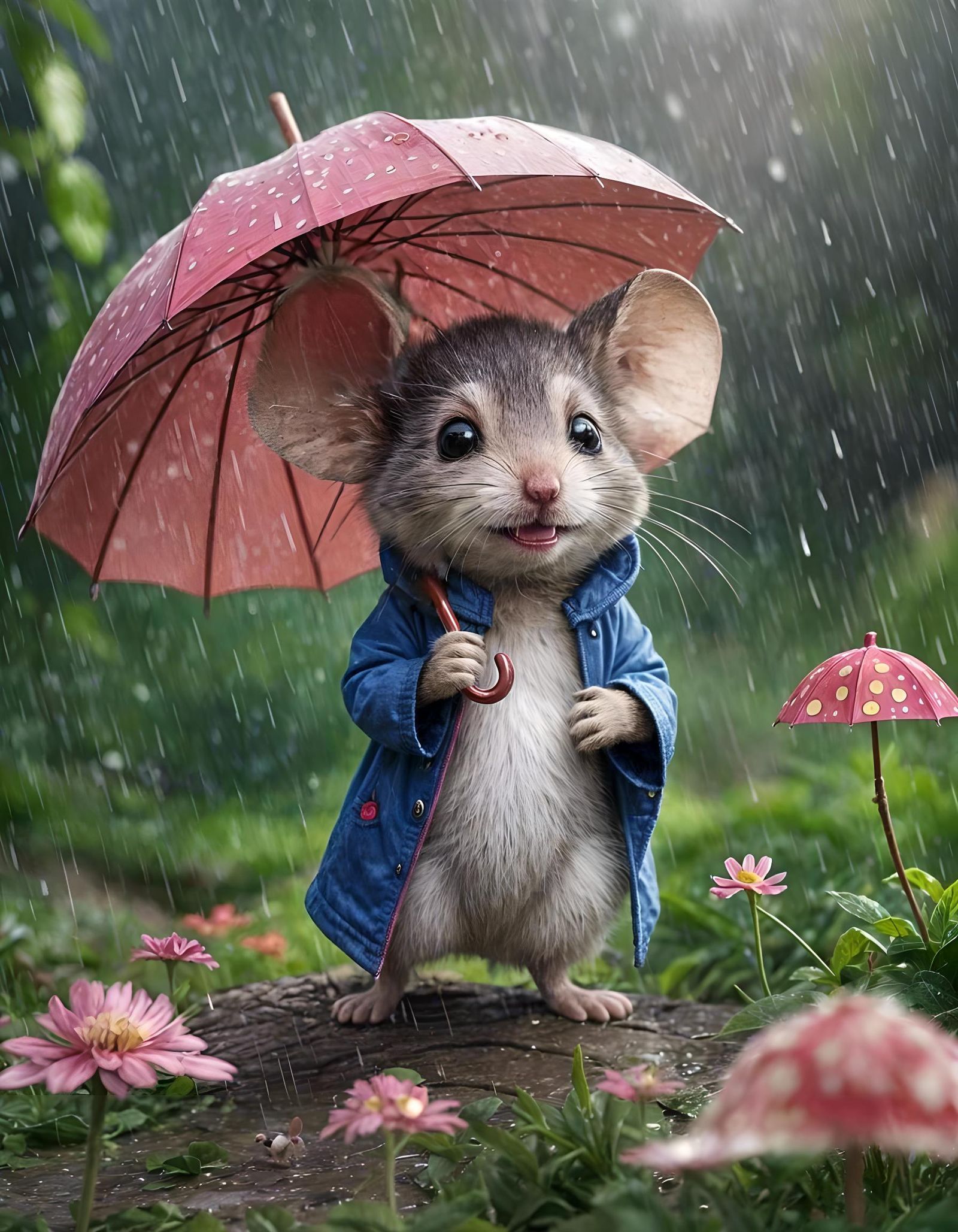 Chibi Mouse Delights in Rainy Day: Storybook Illustration