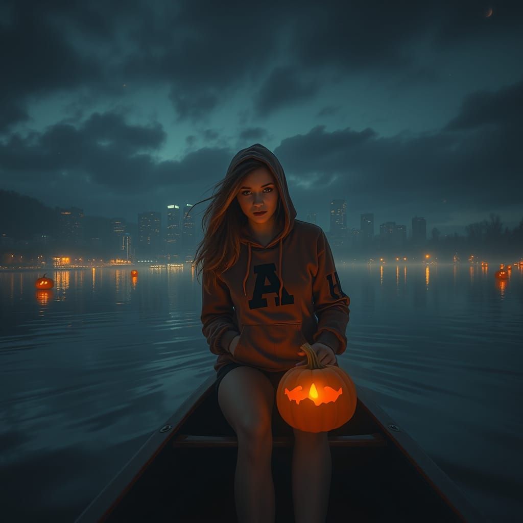 Eerie Lakeside Scene with Carved Pumpkins