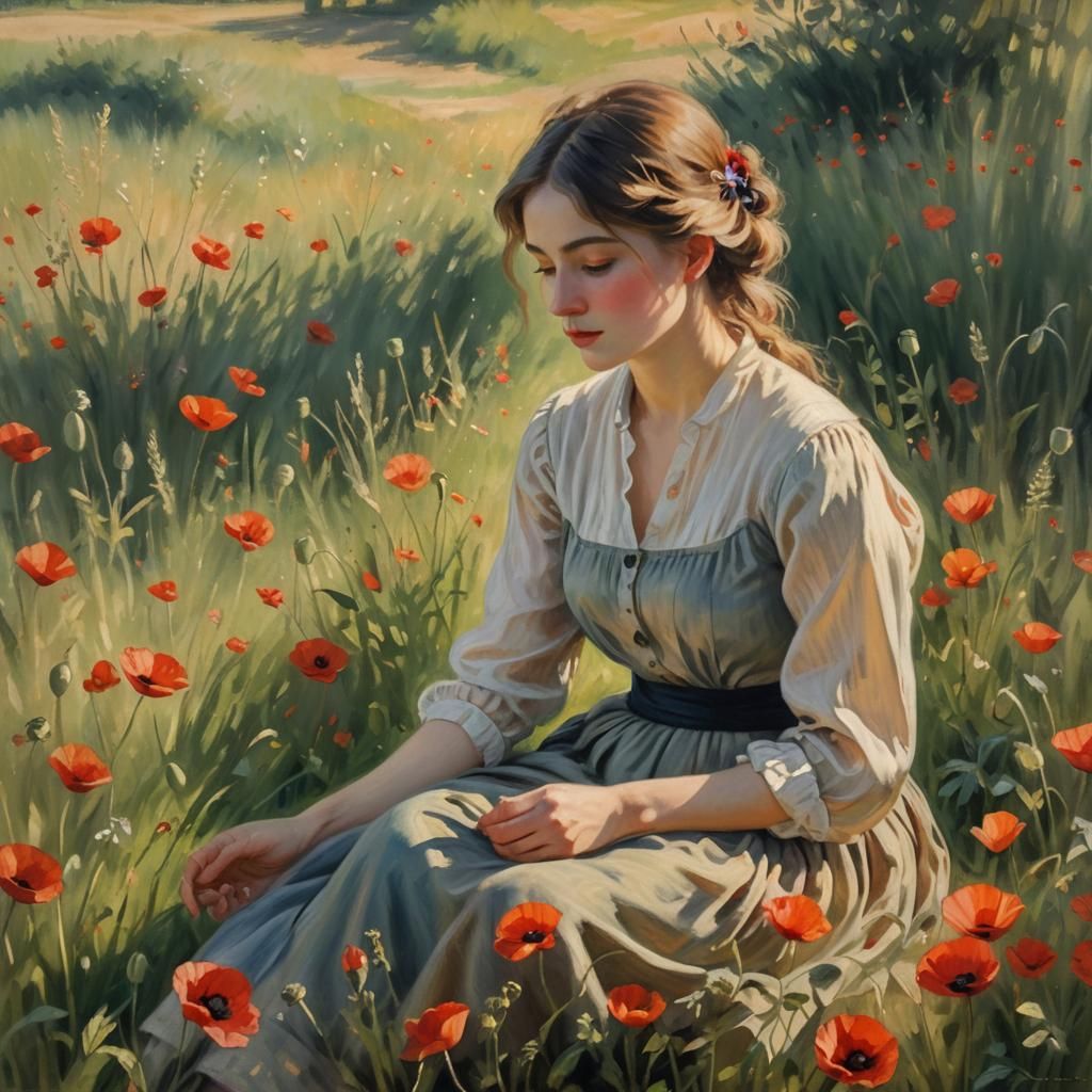 Woman with Poppies: Impressionist Oil Painting
