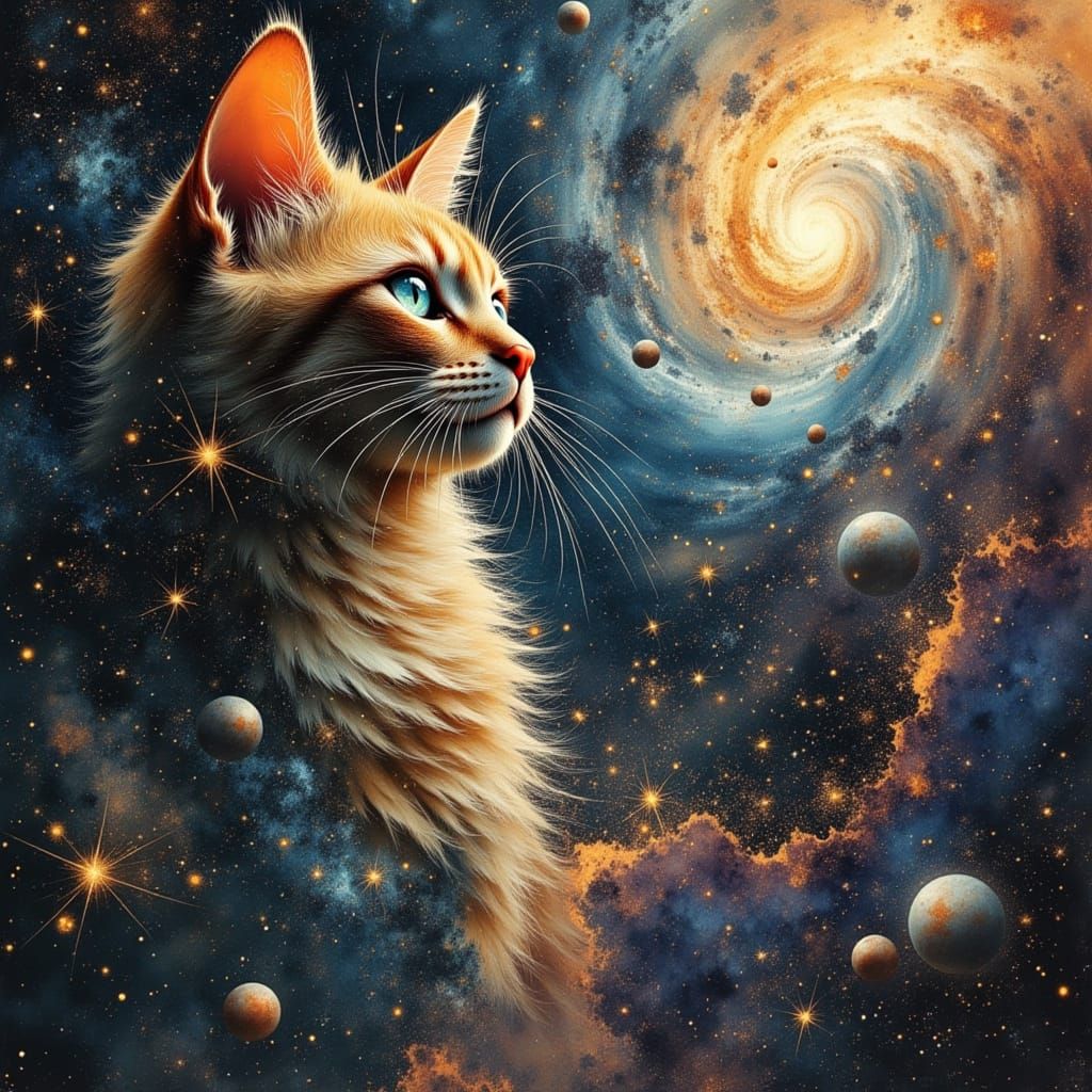 Cosmic Cat Entity in Swirling Nebula