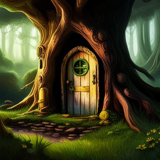 Fairy Door on Gnarled Tree, Detailed Matte Painting