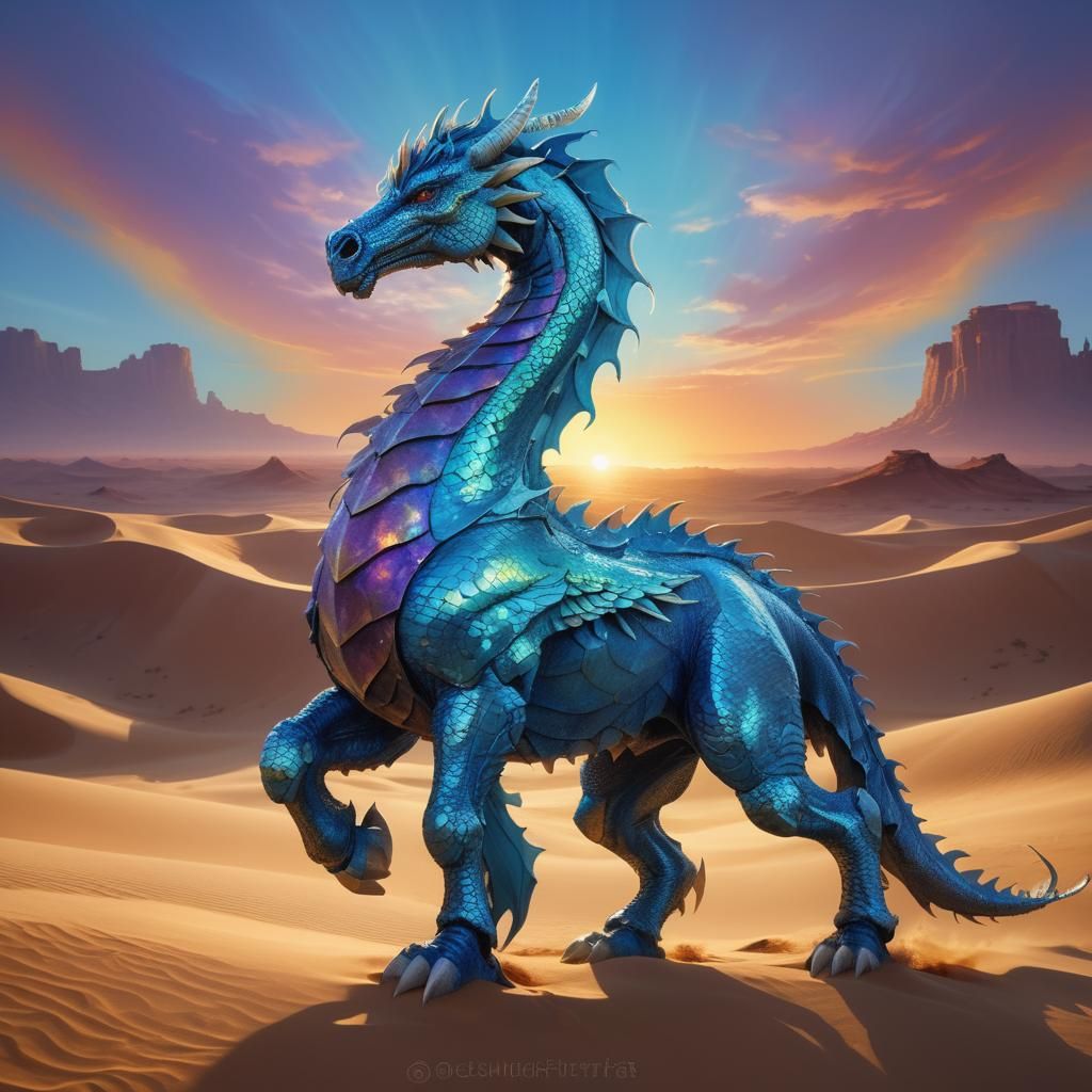 Dragon Horse in Desert Landscape, Fantasy Illustration