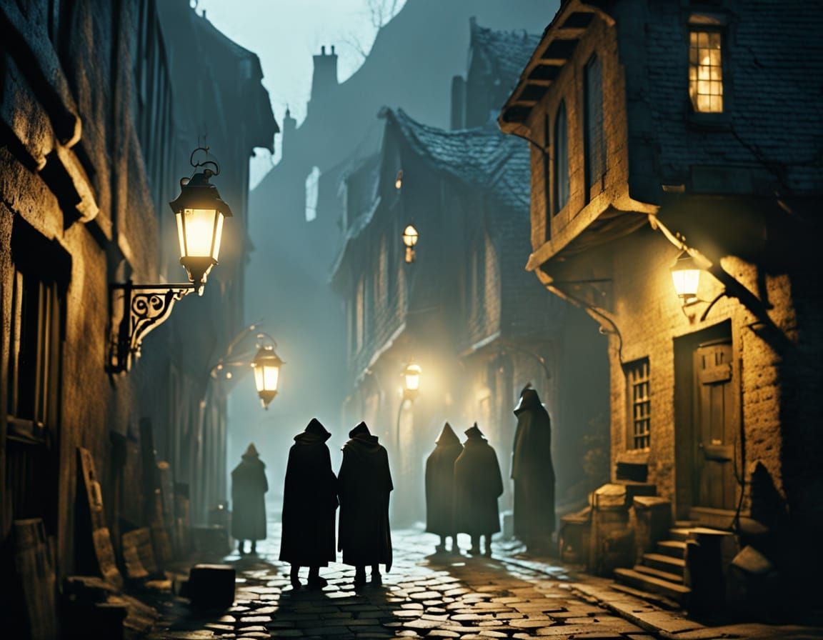 Shadowy Figures in Lantern-Lit Alleyway, Dark Fantasy Style