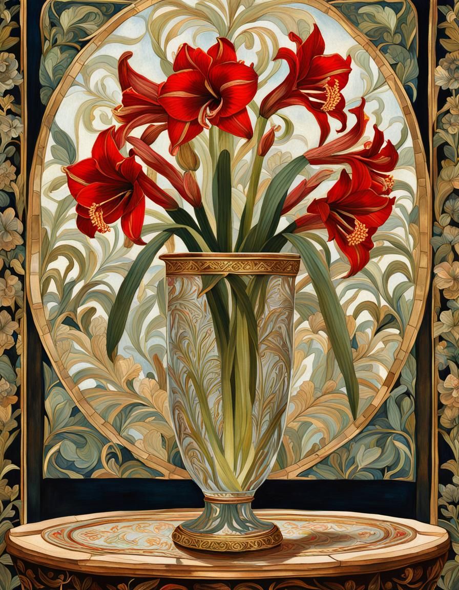 Amaryllis Flowers in Art Nouveau Rococo Setting