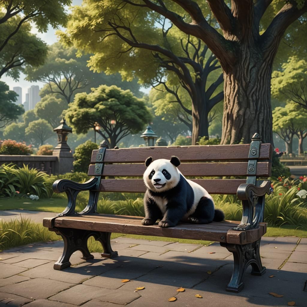 Half Panda Half Dog Sits on Bench
