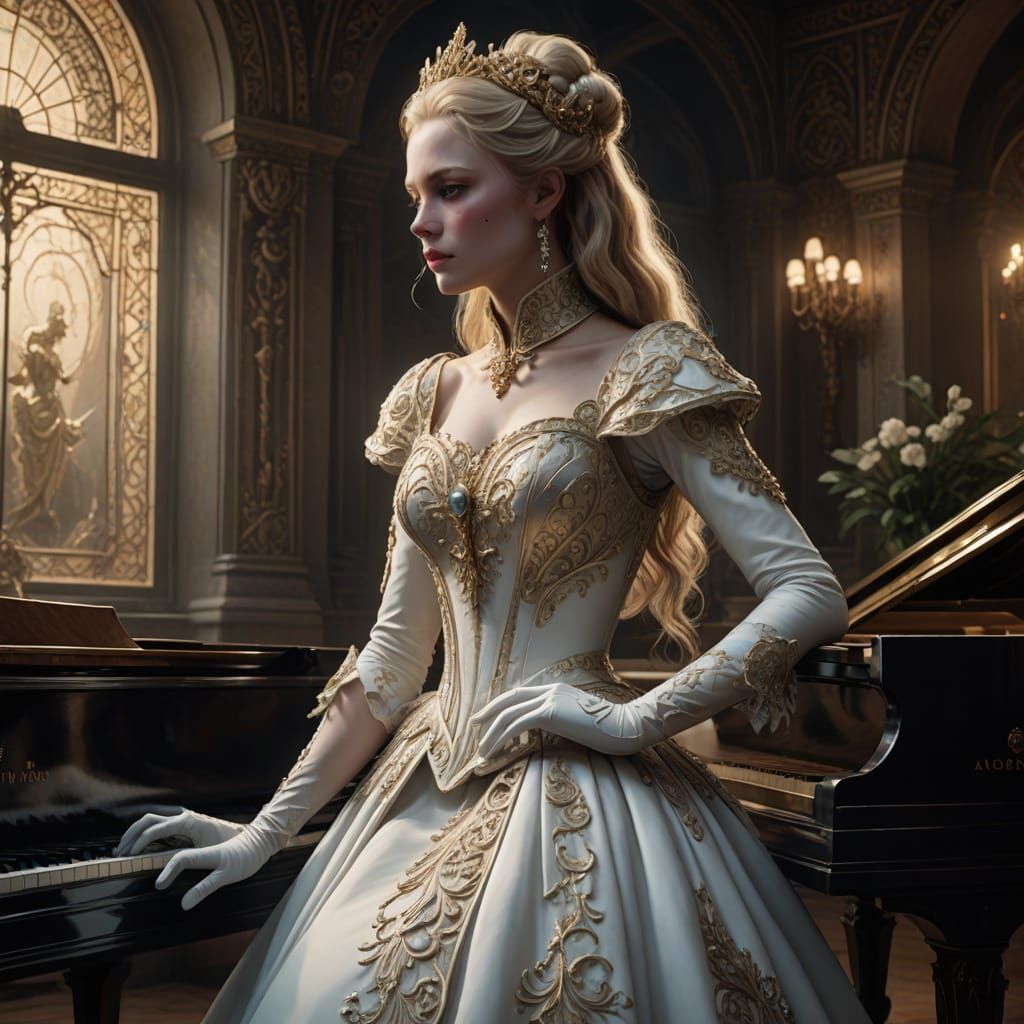 Ethereal Lady at Grand Piano in Monochromatic Opulence