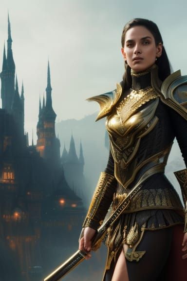 Medieval Woman Knight in Elaborate Black Armor