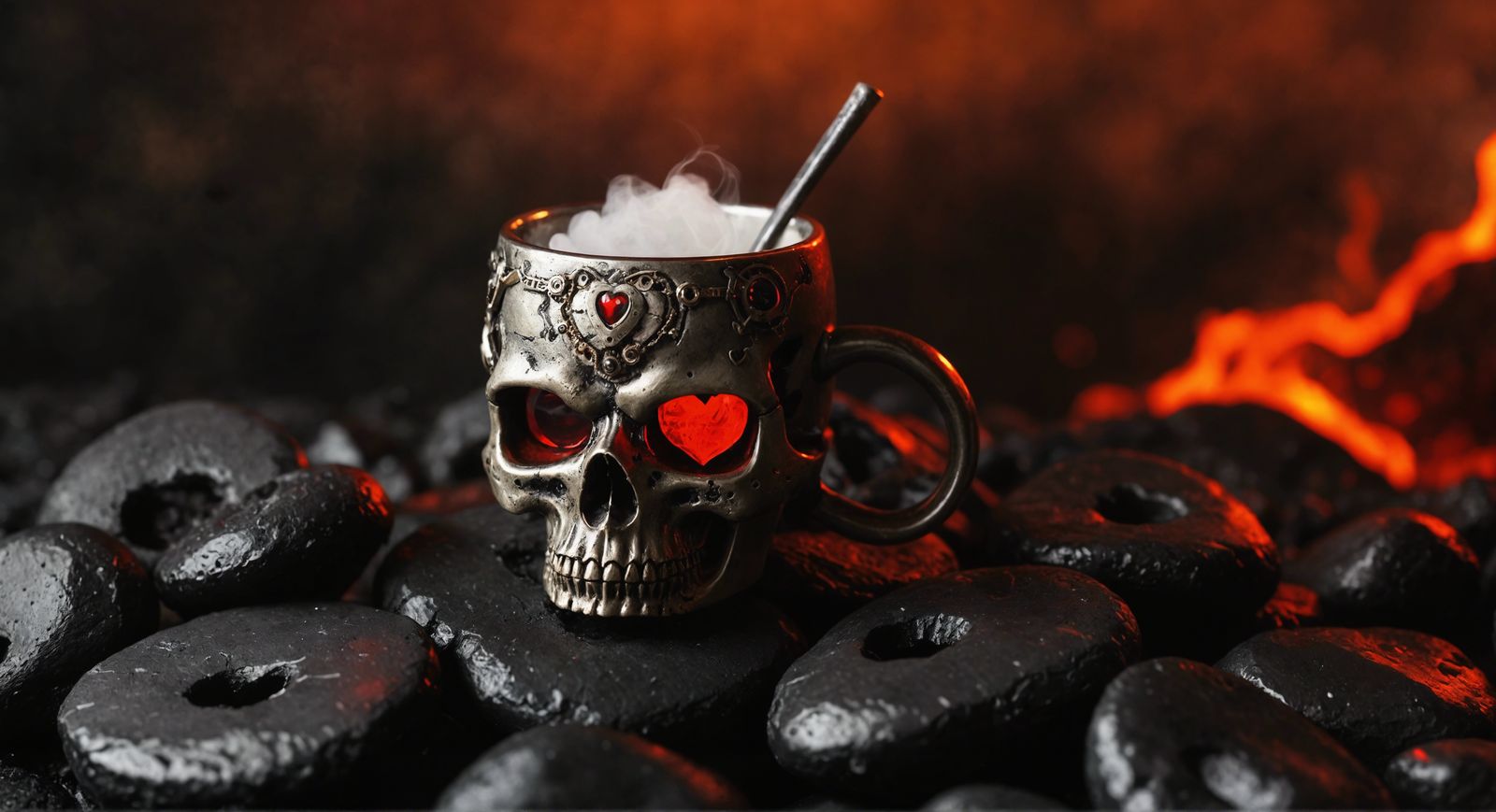 Steampunk skull mug, two heart-shaped red eyes in front of a backgrounf of black glowing hot lava rocks, Professional ph...