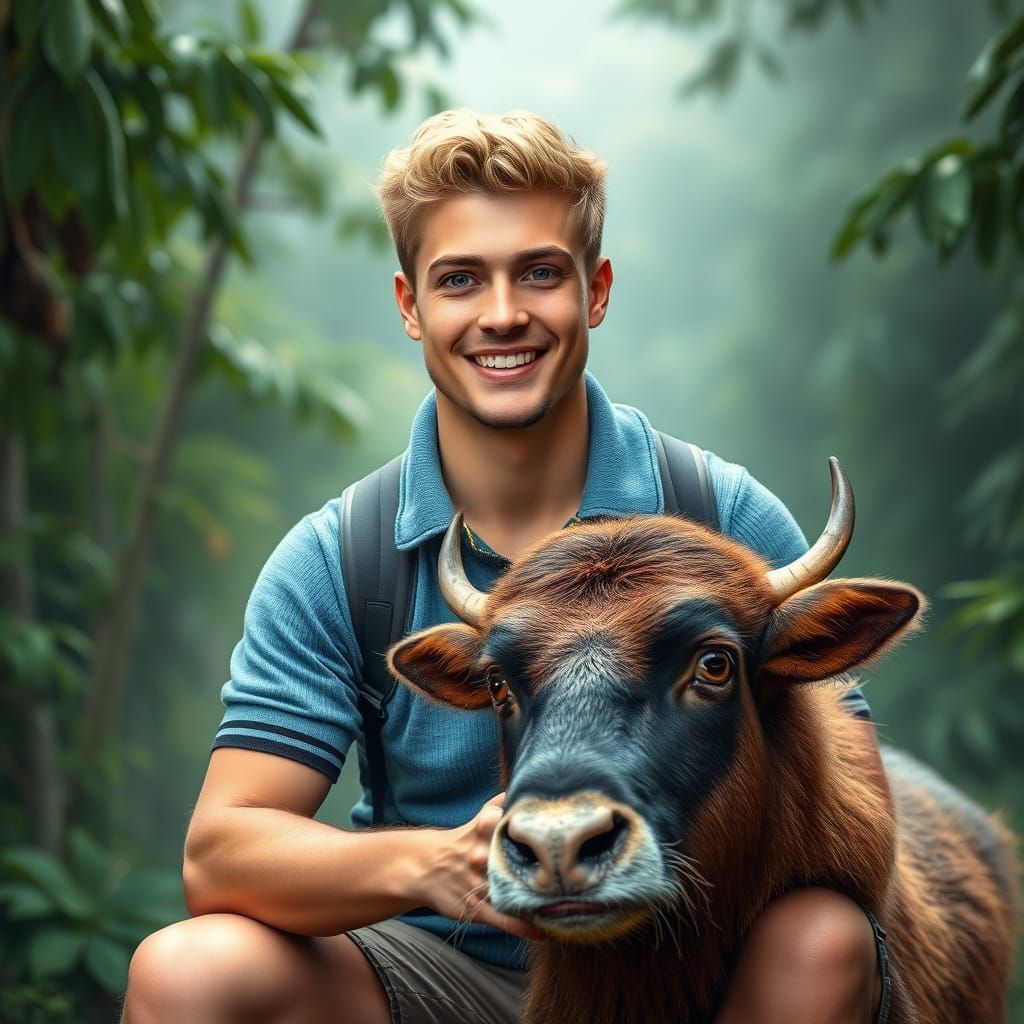 Handsome Explorer in Jungle Paradise with Musk Ox