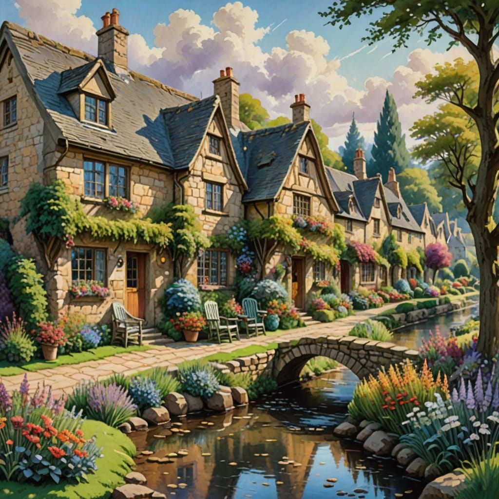 Ethereal Cotswold Village in Vibrant Gouache Impressionism