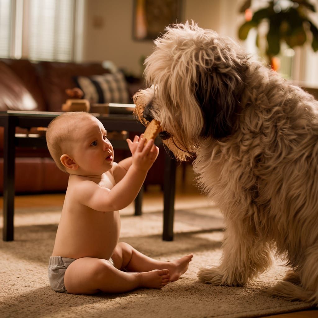 Baby and Dog Fight Over Biscuit: Cinematic Still