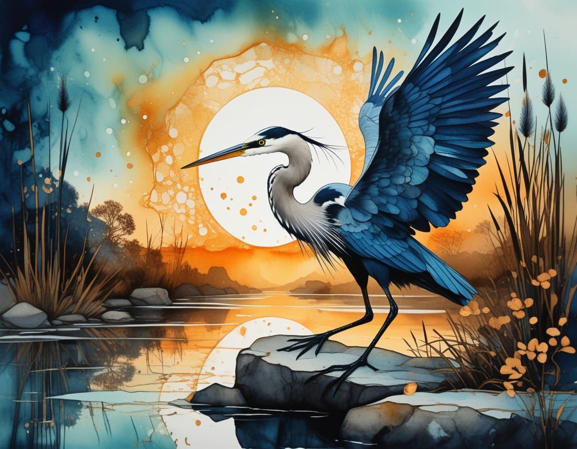 Alcohol Ink Heron at Twilight on Stone Bridge