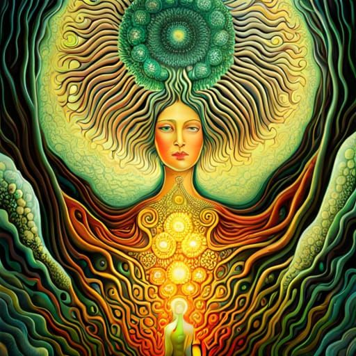 Surreal Divine Woman Emerges from Forest Network