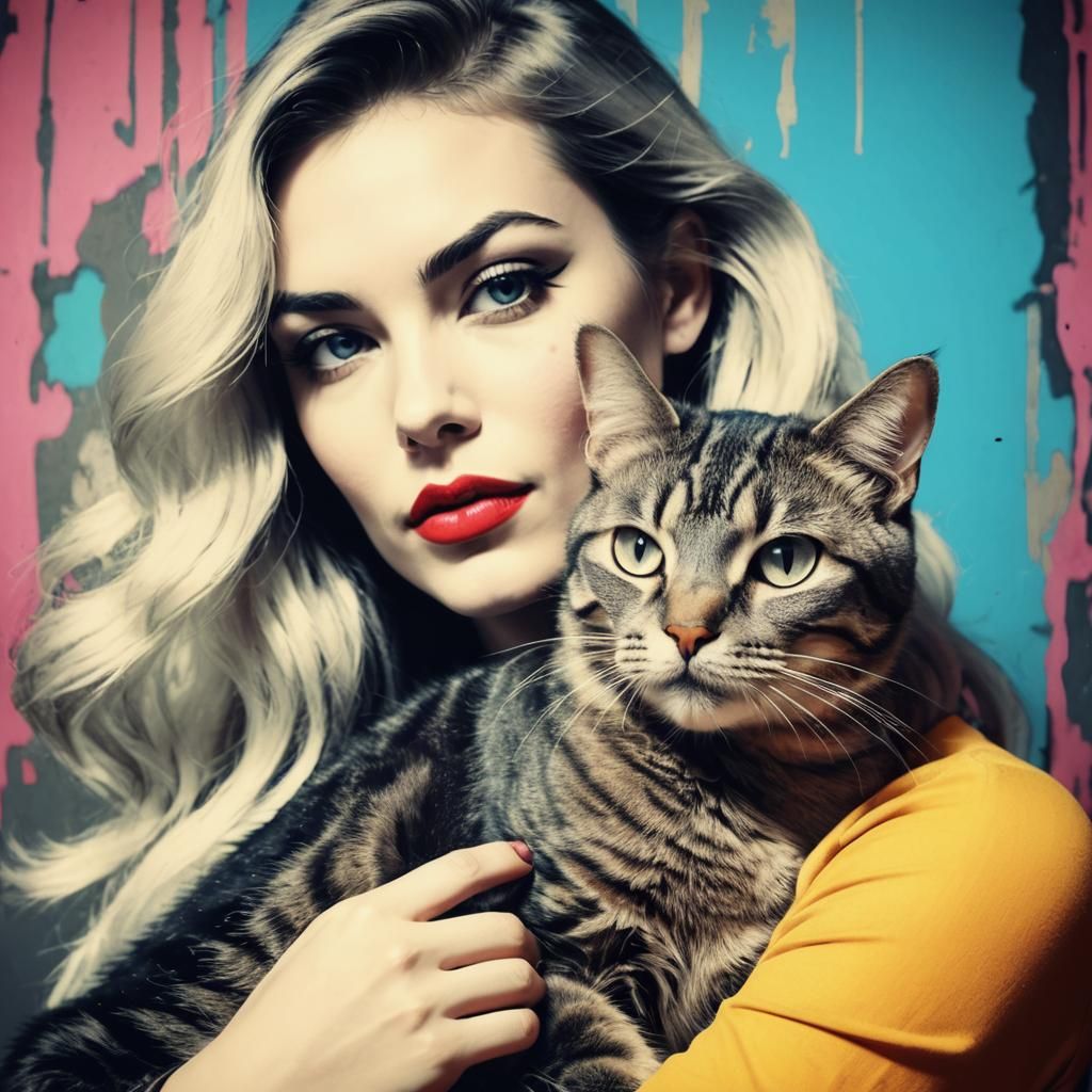Pop Art Woman with Cat in Warhol Style
