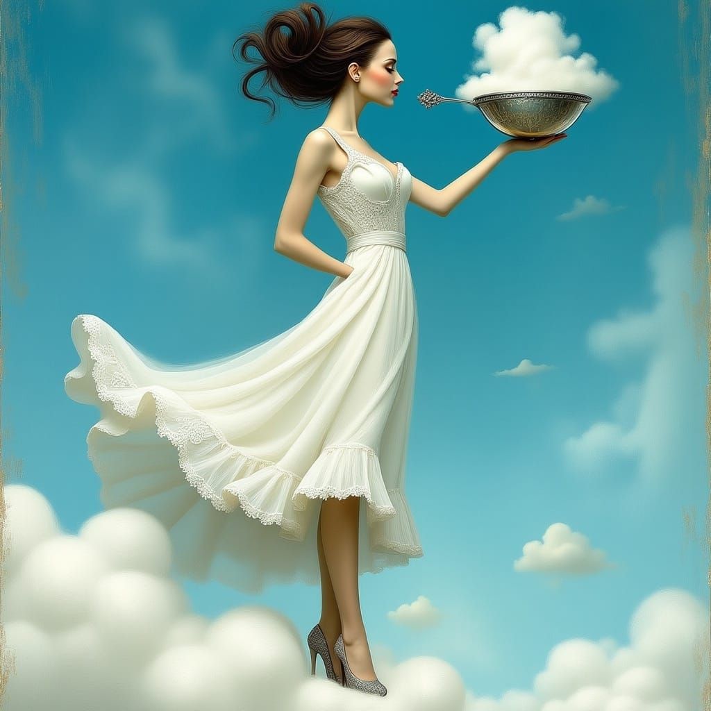 Surreal Woman Scooping Cloud as Oil Painting