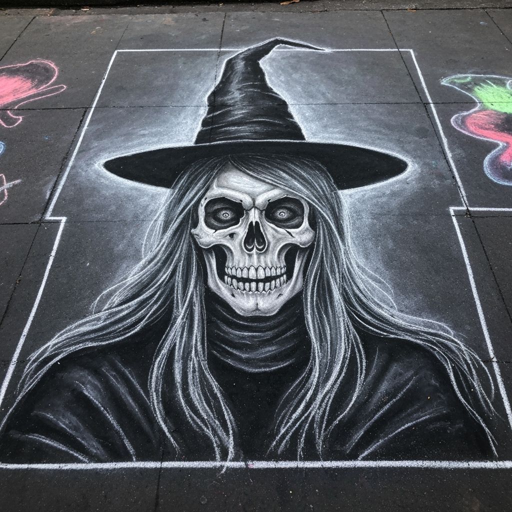 Chalk Art Witch with Skull Face in New Orleans