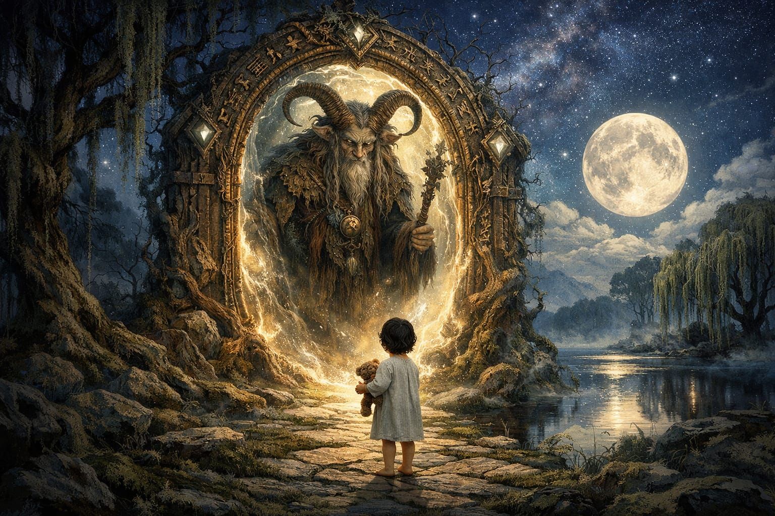 Magical Portal Opens Revealing Faun and Child in Moonlight