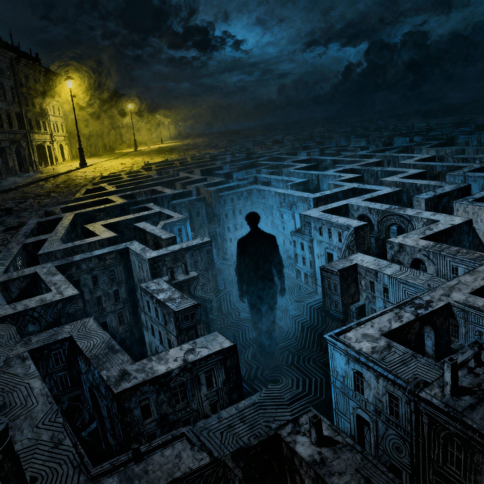 Human Silhouette Lost in Escher-esque Labyrinth Cityscape