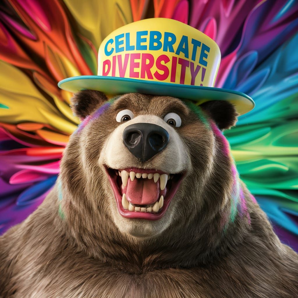 Joyful Grizzly Bear Celebrates Diversity: Prismatic Close-Up