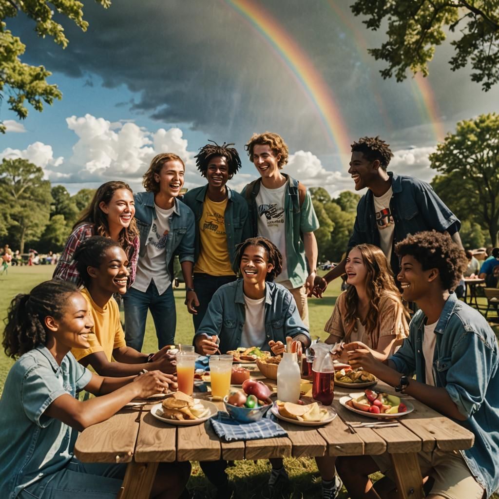 Diverse Teens Enjoying Picnic Under Rainbow