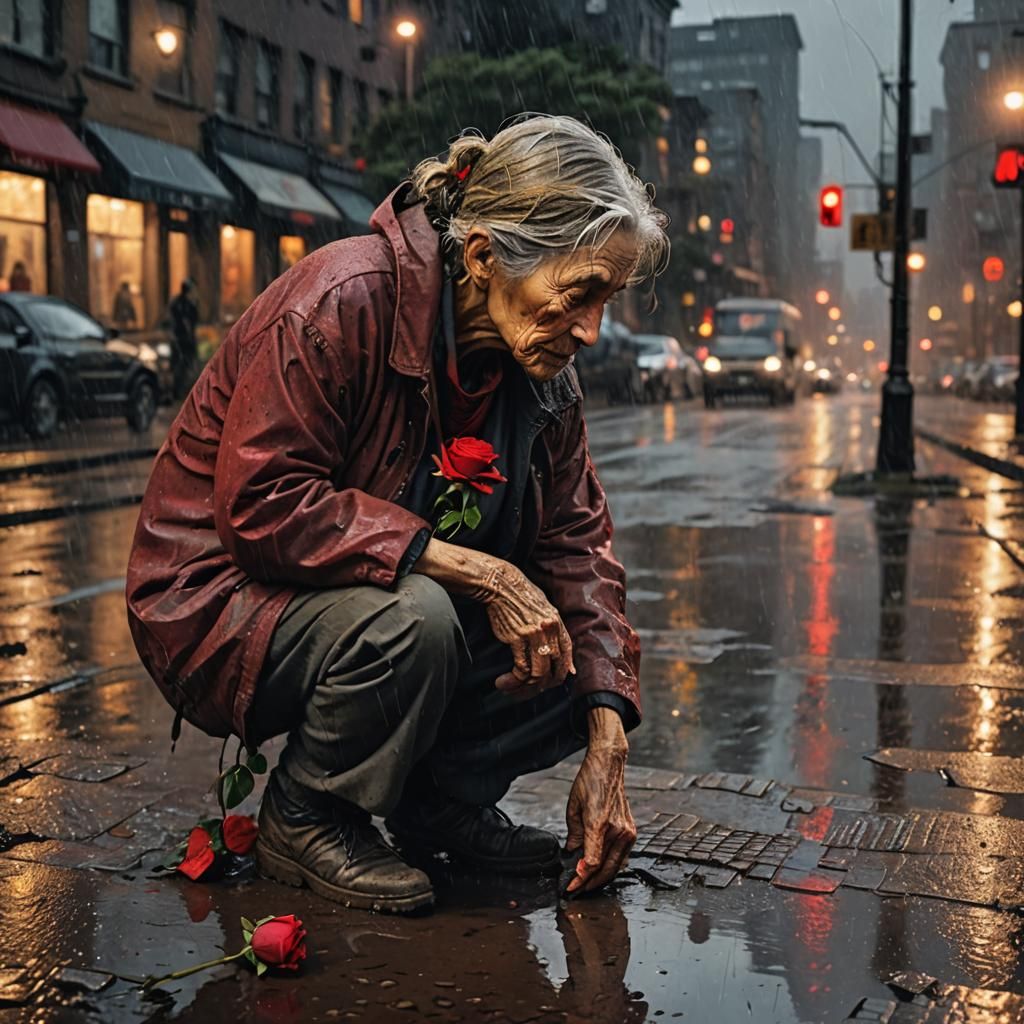 Homeless Woman with Rose: Gritty Realism Concept Art