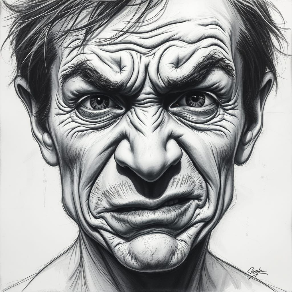 Person with Contorted Expression in Charcoal Drawing