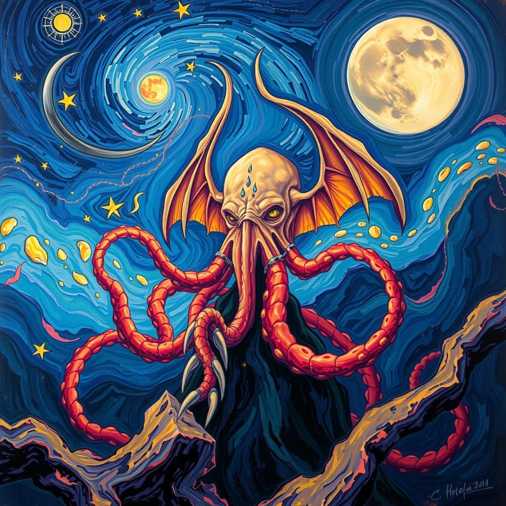 Van Gogh Style Cthulhu Emerges from Cosmic Abyss